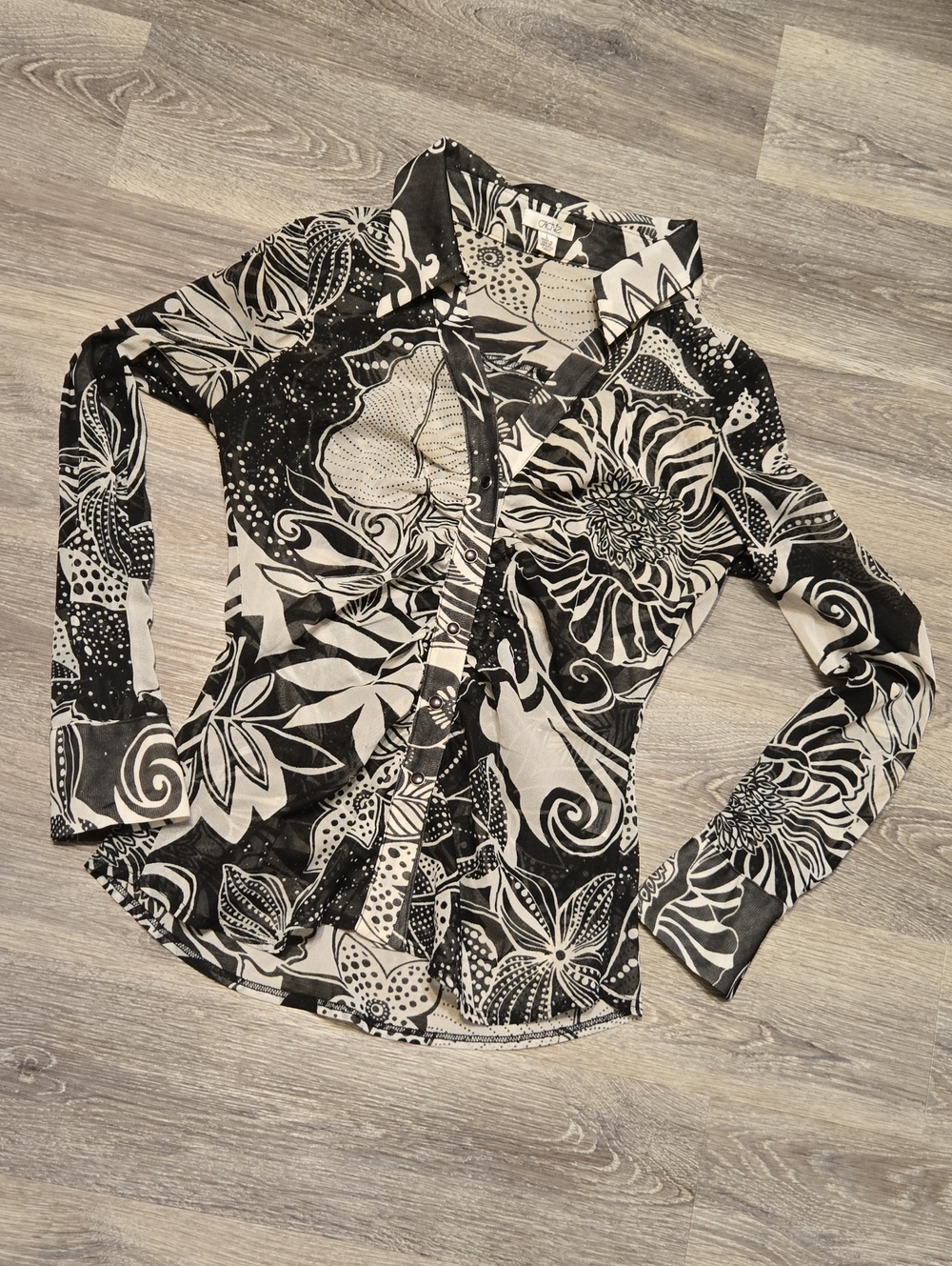Vintage Cache Mod Print Mesh Blouse Sz L